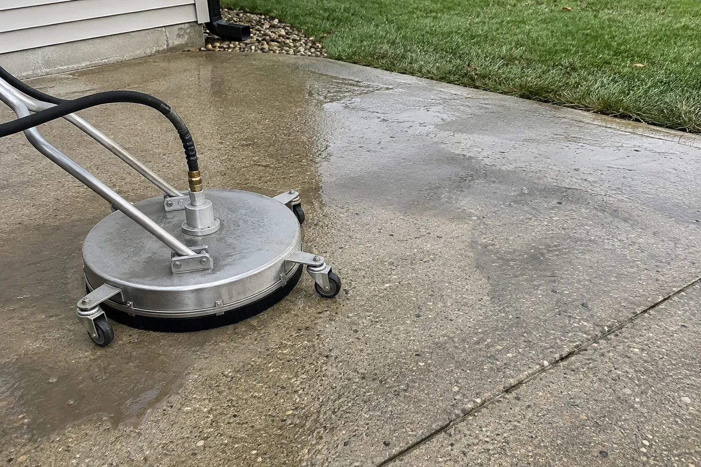 Round surface cleaner on damp concrete with an expansion joint