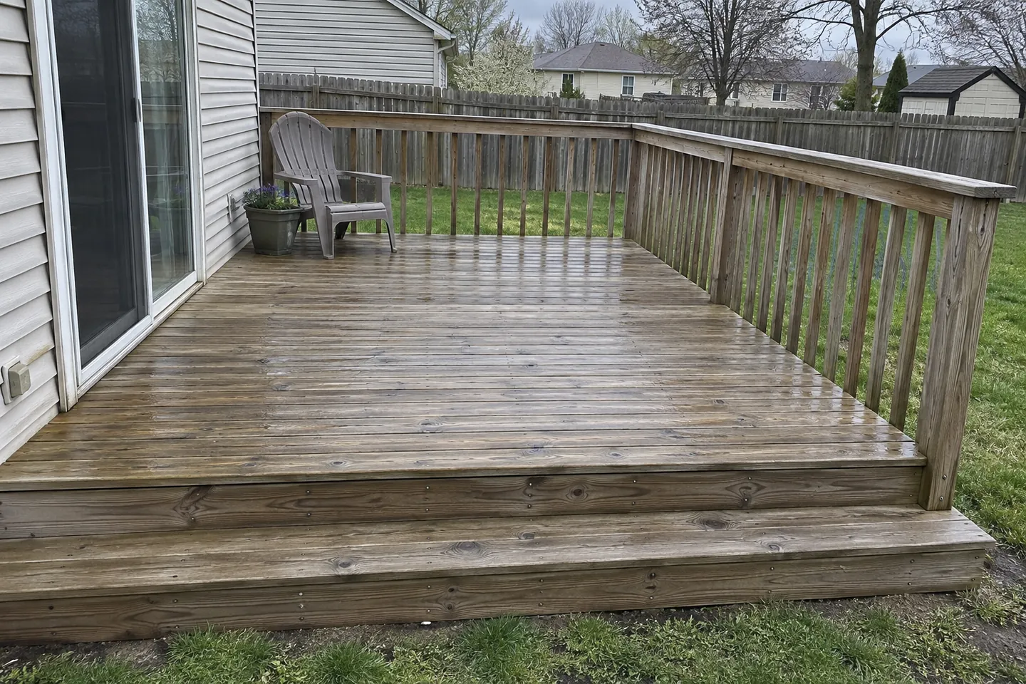 Cleaned, weathered wood deck with simple railings and steps