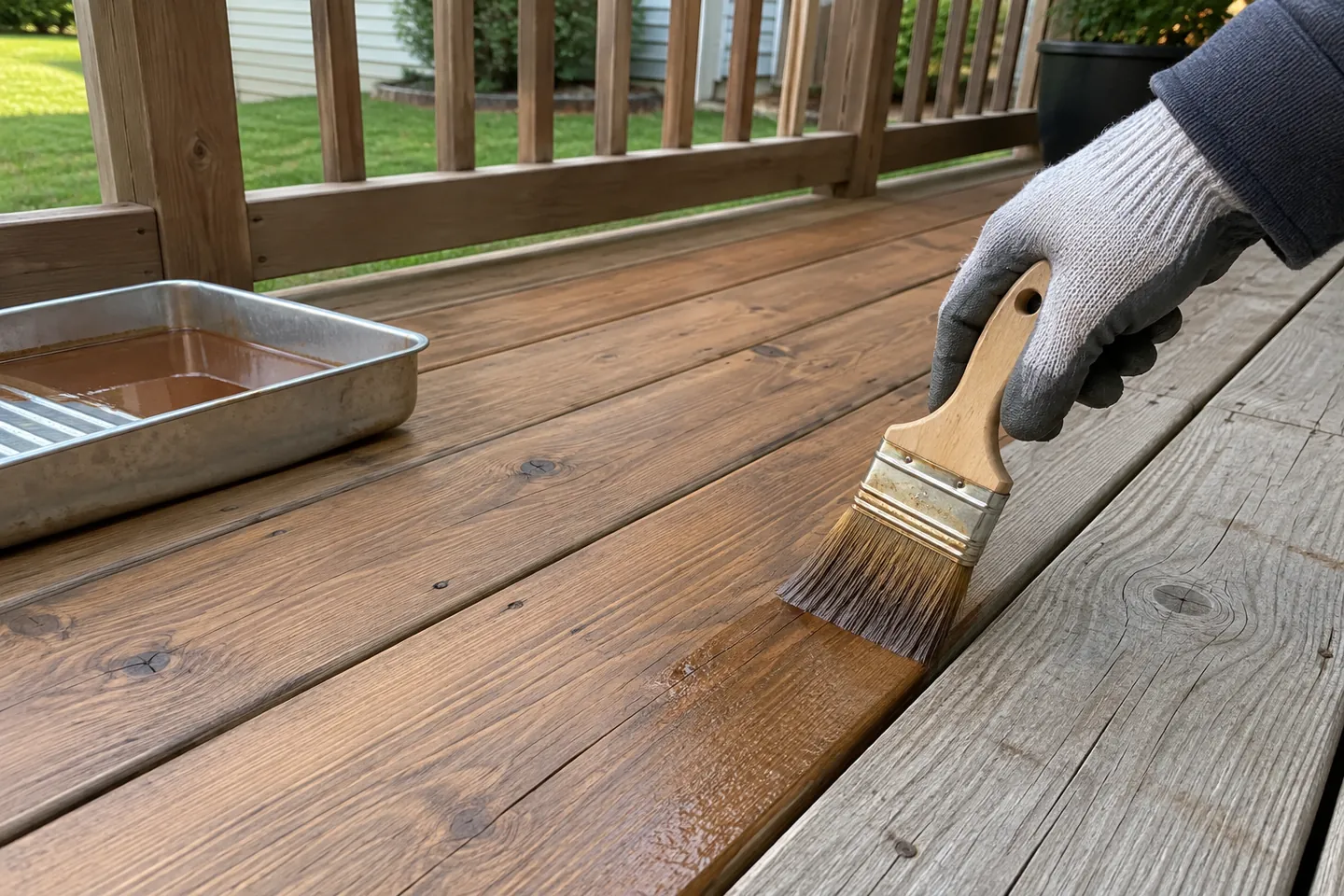 A brush applying semi-transparent stain along a deck board