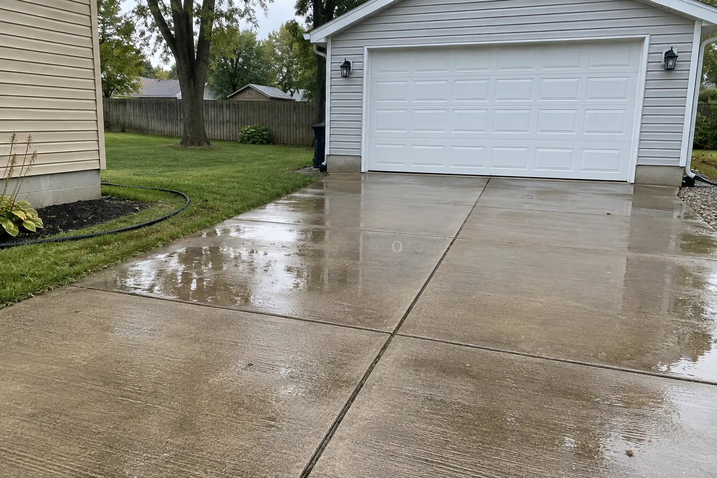 Damp concrete driveway apron with a rinse hose along the edge
