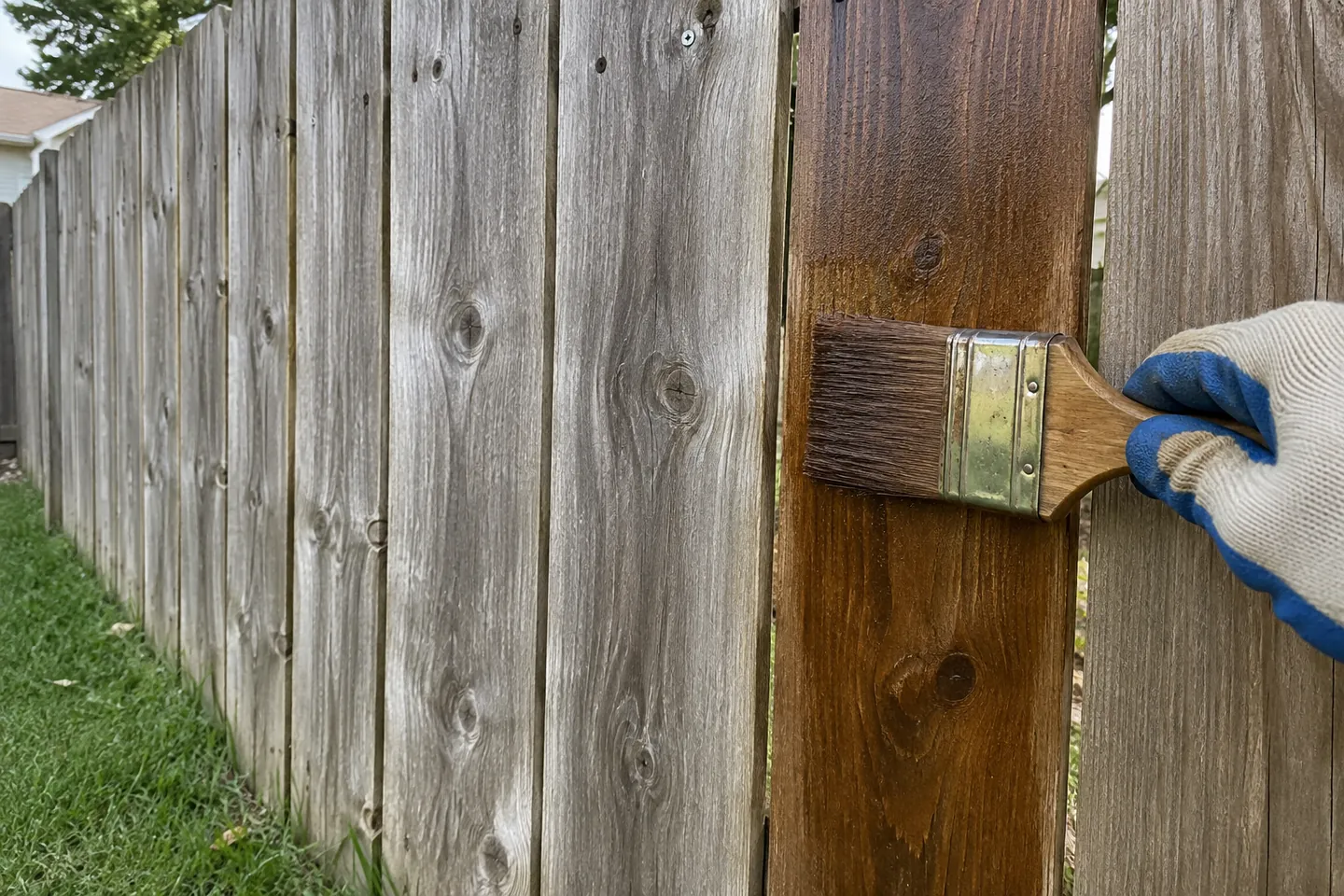 A brush applying brown stain to a vertical fence board