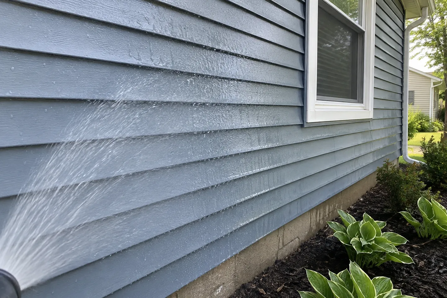 Gentle rinse water washing blue-gray vinyl siding