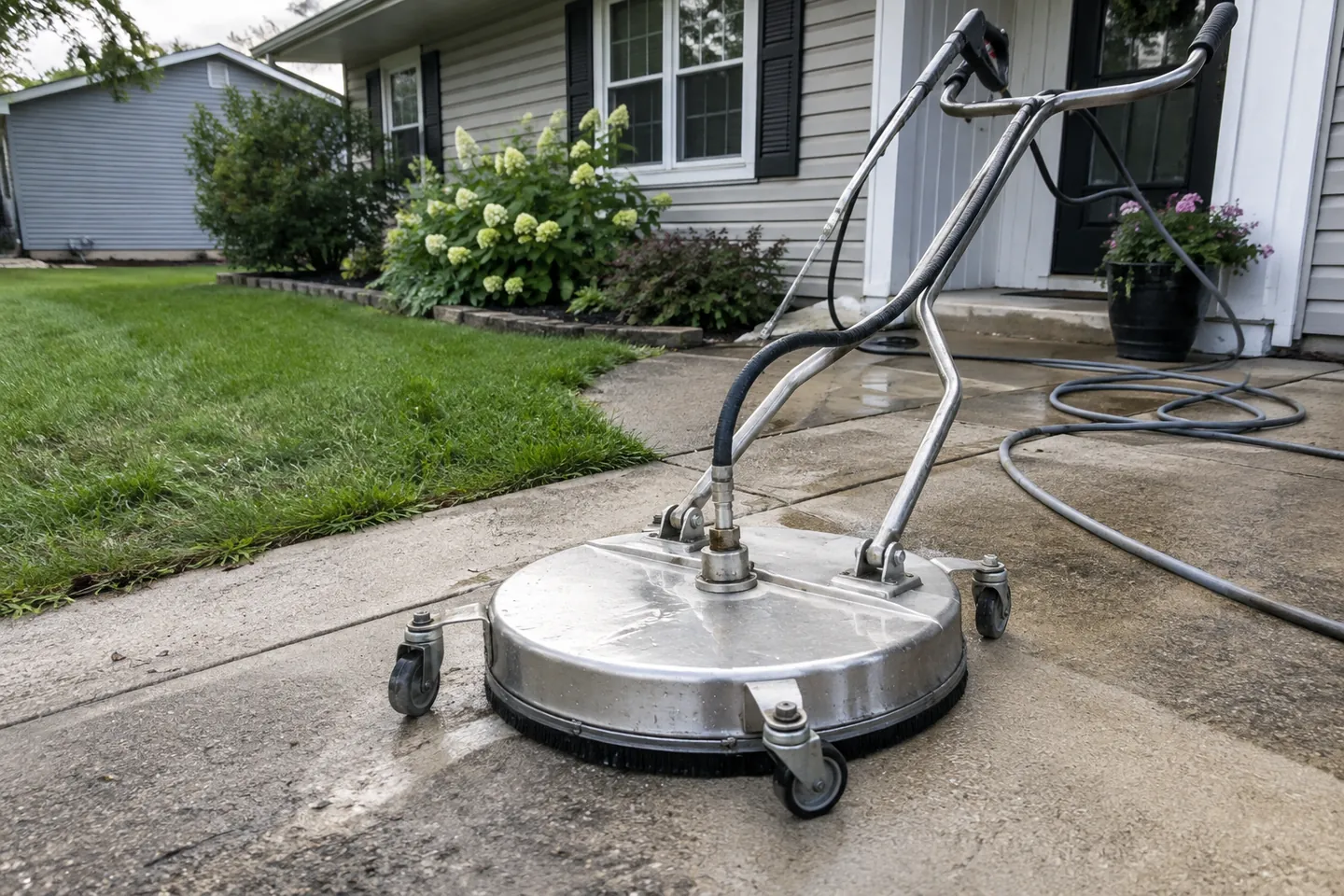 Surface cleaner and hose ready beside a residential walkway